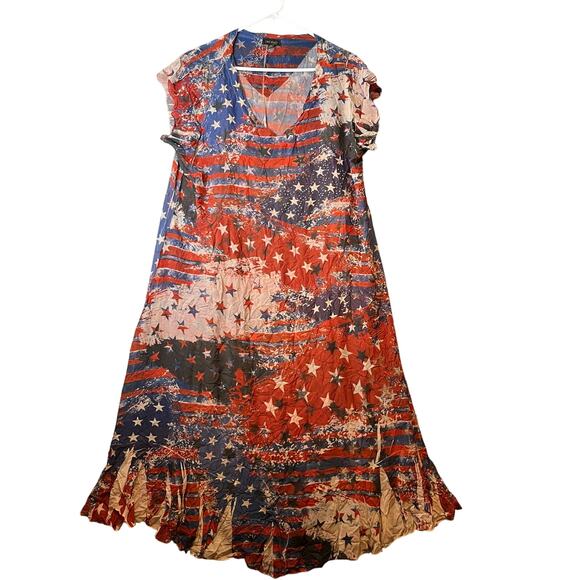 Y2K USA Flag Dress Patriotic Star Indie Sleeveless Festival Fit Americana XL - Picture 1 of 8